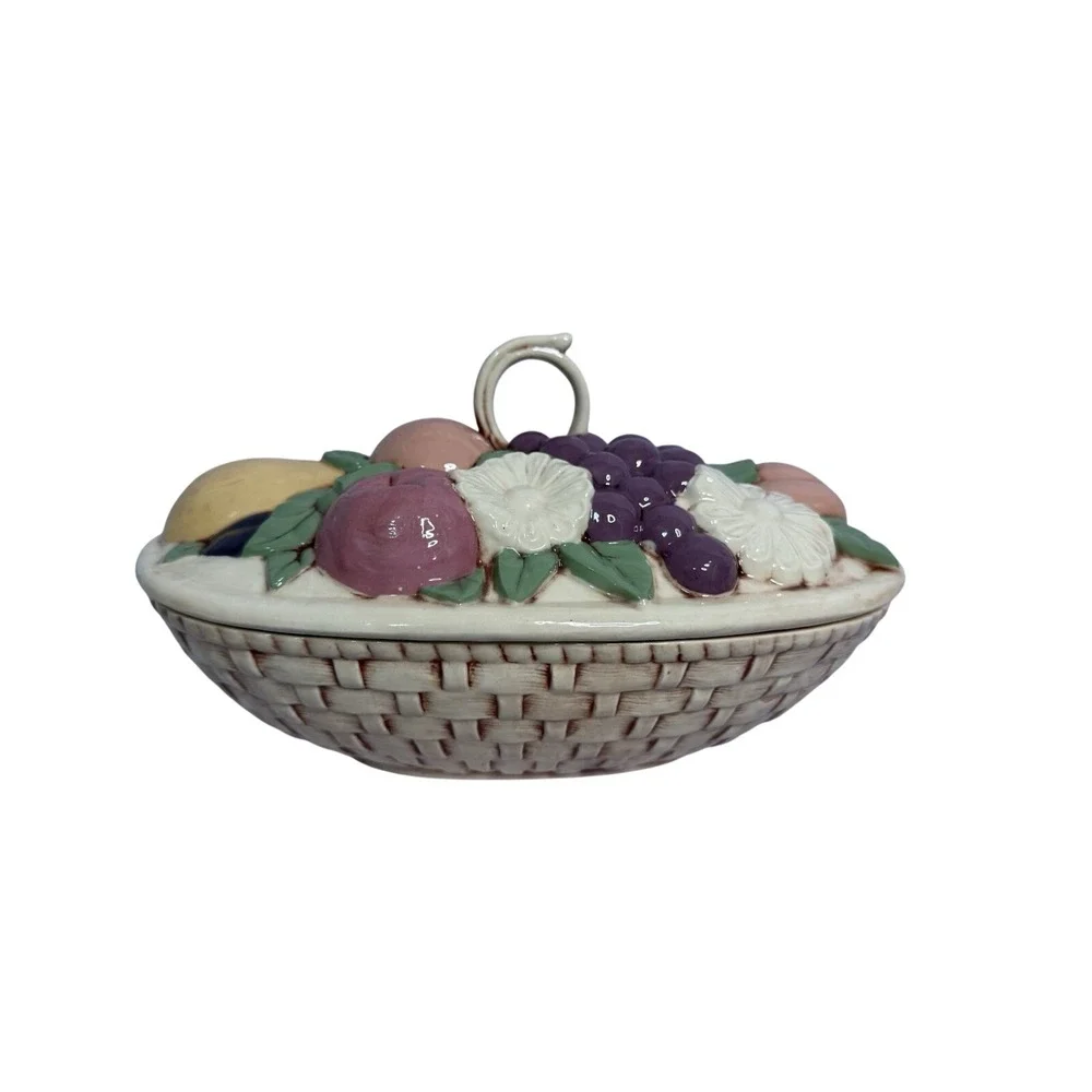 Vintage Cottage Mid Century Ceramic Fruit‎ Floral Covered Dish Tromp L'oeil